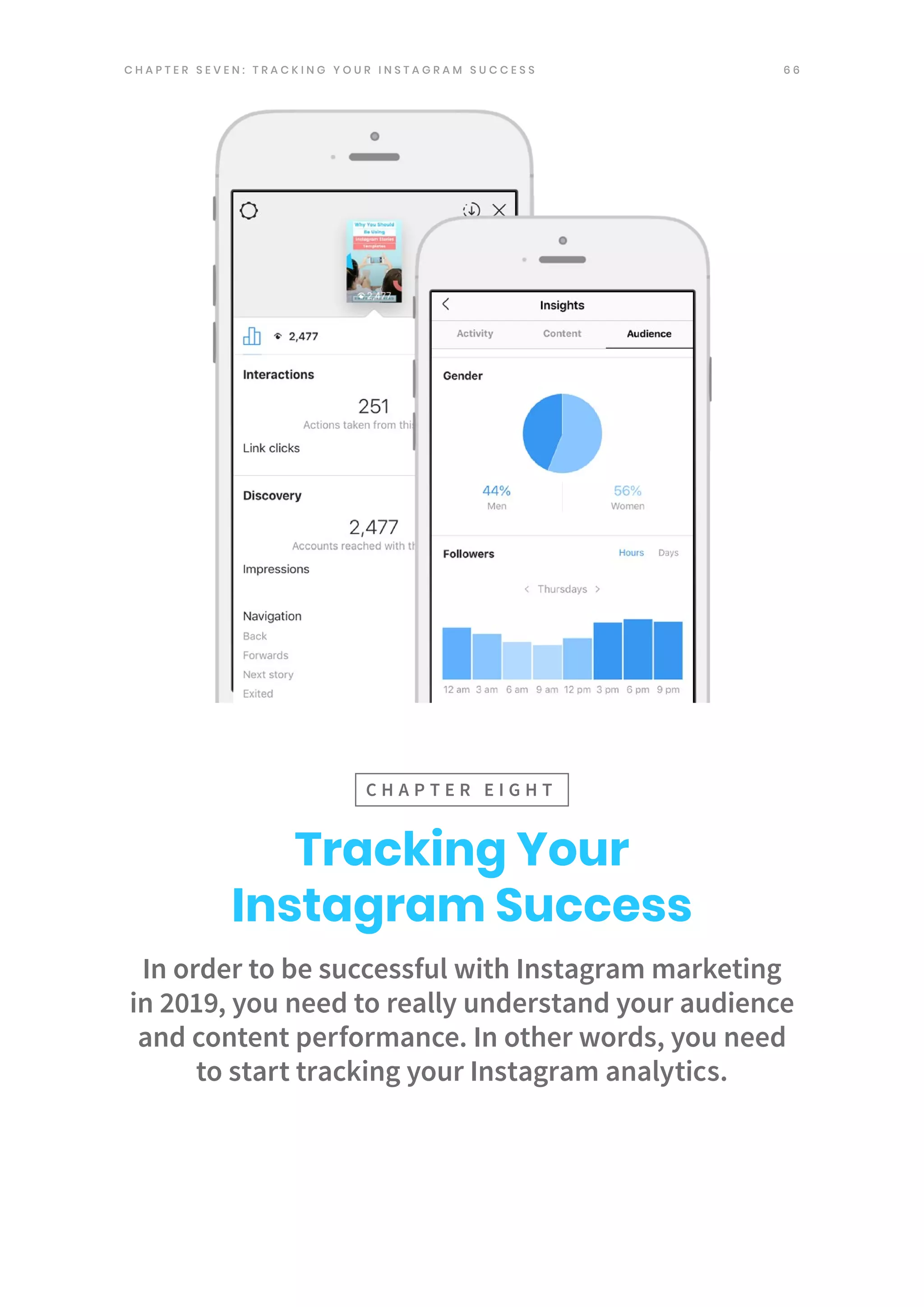 6 6
In order to be successful with Instagram marketing
in 2019, you need to really understand your audience
and content performance. In other words, you need
to start tracking your Instagram analytics.
Tracking Your
Instagram Success
C H A P T E R E I G H T
C H A P T E R S E V E N : T R A C K I N G Y O U R I N S T A G R A M S U C C E S S
 