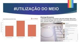 #UTILIZAÇÃO DO MEIO
#Hashtags #Everywhere
“I started to post four to five photos a day with hashtags. Most of the
time, I had the hashtags match the photos I was posting. Sometimes I
didn't, because I wasn't sure it mattered.”
 