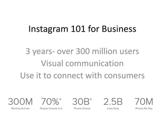 Instagram 101 for Business
3 years- over 300 million users
Visual communication
Use it to connect with consumers
 