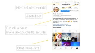 Nimi tai nimimerkki
Asetukset
Bio eli kuvaus –
linkki ulkopuolisille sivuille
Oma kuvavirta
 