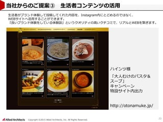 Copyright ©2015 Allied Architects, Inc. All Rights Reserved.
23
当社からのご提案③ 生活者コンテンツの活用
生活者がブランド体験して投稿してくれた内容を、Instagram内にとどめるのではなく、
WEBサイトへ活用することができます。
『良いブランド体験をしている体験談』というクオリティの高いクチコミで、リアルとWEBを繋ぎます。
ハインツ様
「大人むけのパスタ＆
スープ」
キャンペーン
特設サイト内出力
http://otonamuke.jp/
 
