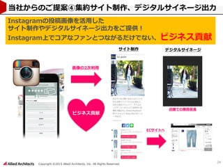 Copyright ©2015 Allied Architects, Inc. All Rights Reserved.
24
当社からのご提案④集約サイト制作、デジタルサイネージ出力
デジタルサイネージ
画像の2次利用
サイト制作
ビジネス貢献
ECサイトへ
店舗での購買促進
Instagramの投稿画像を活用した
サイト制作やデジタルサイネージ出力をご提供！
Instagram上でコアなファンとつながるだけでない、ビジネス貢献
 