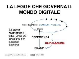 A cura di Francesco Montefusco @futre1000
BRAND
LA LEGGE CHE GOVERNA IL
MONDO DIGITALE
Utente
REPUTAZIONE
ESPERIENZA
La brand
reputation è
oggi l’asset più
strategico per
qualsiasi
business
RACCOMANDAZIONE COMMUNITY UTENTE
 
