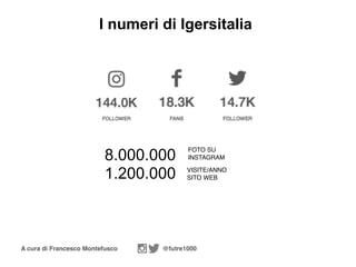 A cura di Francesco Montefusco @futre1000
I numeri di Igersitalia
8.000.000
1.200.000
FOTO SU
INSTAGRAM
VISITE/ANNO
SITO WEB
 