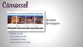 Cliques no site
Conversões no site
Instalação de App
Envolvimento com App
@vídeo
@imagem
 