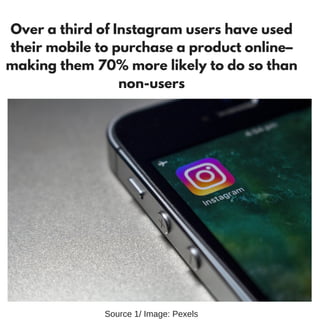 Over a third of Instagram users have used
their mobile to purchase a product online–
making them 70% more likely to do so than
non-users
Source 1/ Image: Pexels
 