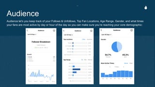 Audience
Audience let’s you keep track of your Follows & Unfollows, Top Fan Locations, Age Range, Gender, and what times
your fans are most active by day or hour of the day so you can make sure you’re reaching your core demographic:
 