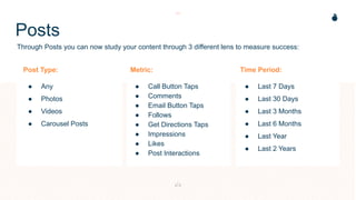 Height: 4.25”
Width: 3.8”
Height: 4.25”
Width: 3.8”
Height: 4.25”
Width: 3.8”
Posts
Through Posts you can now study your content through 3 different lens to measure success:
Post Type:
● Any
● Photos
● Videos
● Carousel Posts
Metric:
● Call Button Taps
● Comments
● Email Button Taps
● Follows
● Get Directions Taps
● Impressions
● Likes
● Post Interactions
Time Period:
● Last 7 Days
● Last 30 Days
● Last 3 Months
● Last 6 Months
● Last Year
● Last 2 Years
 