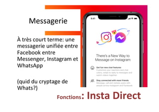 Messagerie	
À	très	court	terme:	une	
messagerie	unifiée	entre	
Facebook	entre	
Messenger,	Instagram	et	
WhatsApp		
	
(quid	du	cryptage	de	
Whats?)	
Fonctions:	Insta	Direct	
 