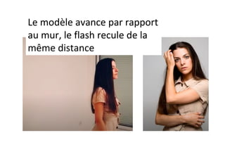 Le	modèle	avance	par	rapport	
au	mur,	le	flash	recule	de	la	
même	distance	
 