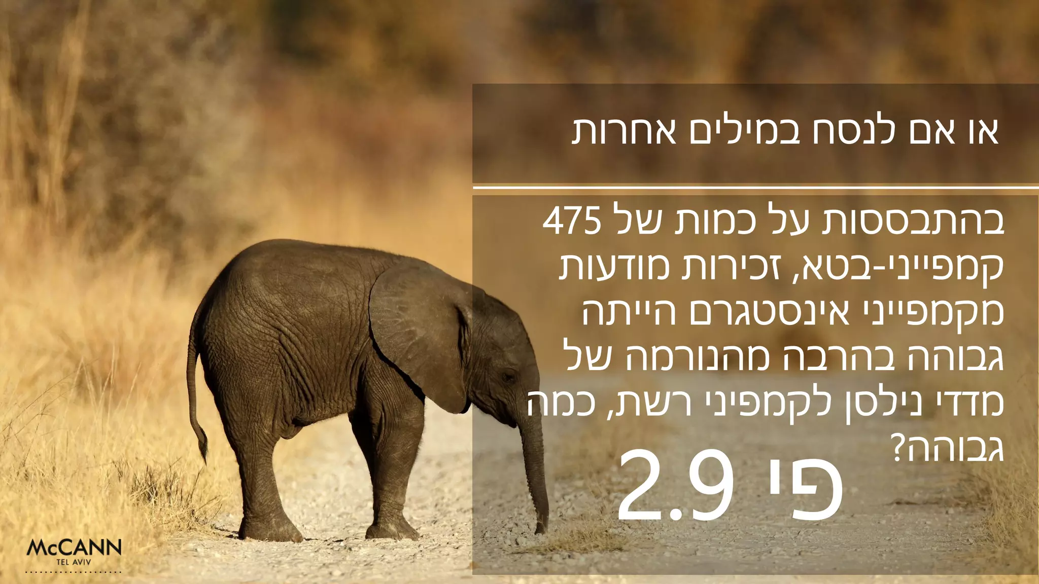‫אחרות‬ ‫במילים‬ ‫לנסח‬ ‫אם‬ ‫או‬
‫פי‬2.9
‫של‬ ‫כמות‬ ‫על‬ ‫בהתבססות‬475
‫קמפייני‬-‫בטא‬,‫מודעות‬ ‫זכירות‬
‫מקמפייני‬‫אינסטגרם‬‫הייתה‬
‫של‬ ‫מהנורמה‬ ‫בהרבה‬ ‫גבוהה‬
‫מדדי‬‫נילסן‬‫לקמפיני‬‫רשת‬,‫כמה‬
‫גבוהה‬?
 