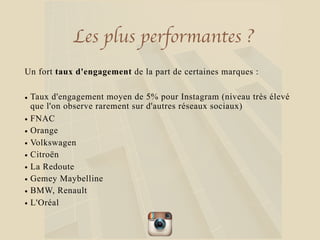 Les plus performantes ?
Un fort taux d'engagement de la part de certaines marques :
• Taux d'engagement moyen de 5% pour Instagram (niveau très élevé
que l'on observe rarement sur d'autres réseaux sociaux)
• FNAC
• Orange
• Volkswagen
• Citroën
• La Redoute
• Gemey Maybelline
• BMW, Renault
• L'Oréal
 