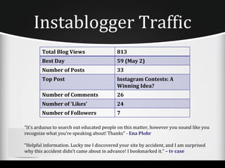 Instablogger Traffic
        Total Blog Views                   813
        Best Day                           59 (May 2)
        Number of Posts                    33
        Top Post                           Instagram Contests: A
                                           Winning Idea?
        Number of Comments                 26
        Number of ‘Likes’                  24
        Number of Followers                7

“It’s arduous to search out educated people on this matter, however you sound like you
recognize what you’re speaking about! Thanks” - Ena Plohr

“Helpful information. Lucky me I discovered your site by accident, and I am surprised
why this accident didn’t came about in advance! I bookmarked it.” – tv case
 