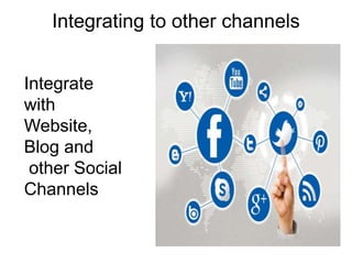 Integrating to other channels
Integrate
with
Website,
Blog and
other Social
Channels
 