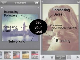 Set
your
Goal
Increasing
Sales
Branding
Increasing
Followers
Increasing
Leads
Networking
Launching
YOU/PRODUCT/SERVIC
E
 