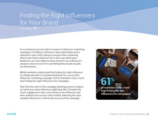A COMPLETE GUIDE TO INFLUENCER MARKETING | 20
Finding the Right Influencers
for Your Brand
02
A crucial key to success when it comes to influencer marketing
campaigns is finding an influencer who understands and is
relevant to your niche. Doing so ensures their marketing
efforts don’t fall on deaf ears (or in this case, blind eyes).
Audiences are more likely to show interest in an influencer’s
products and services if it is something they would actually
use themselves.
While marketers understand that finding the right influencer
to collaborate with is a fundamental basis for a successful
influencer marketing campaign, 61% of marketers have a hard
time finding the right influencers for campaigns.
Take the time early in the campaign planning process to figure
out what your ideal influencer might look like. Consider the
reach, engagement rates, and relevance the influencer and
their audience has to your niche market. Selecting the most
suitable influencers is vital to the success of the campaign.
of marketers have a hard
time finding the right
influencers for campaigns.
61%
 