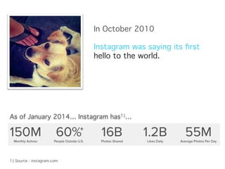 In October 2010"
"
Instagram was saying its ﬁrst
hello to the world."

As of January 2014… Instagram has1)…"

1) Source : instagram.com "

 