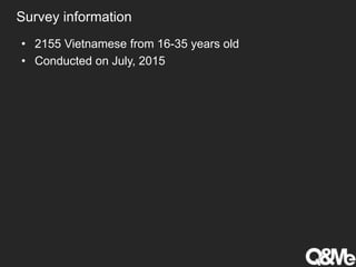 Survey information
• 2155 Vietnamese from 16-35 years old
• Conducted on July, 2015
 