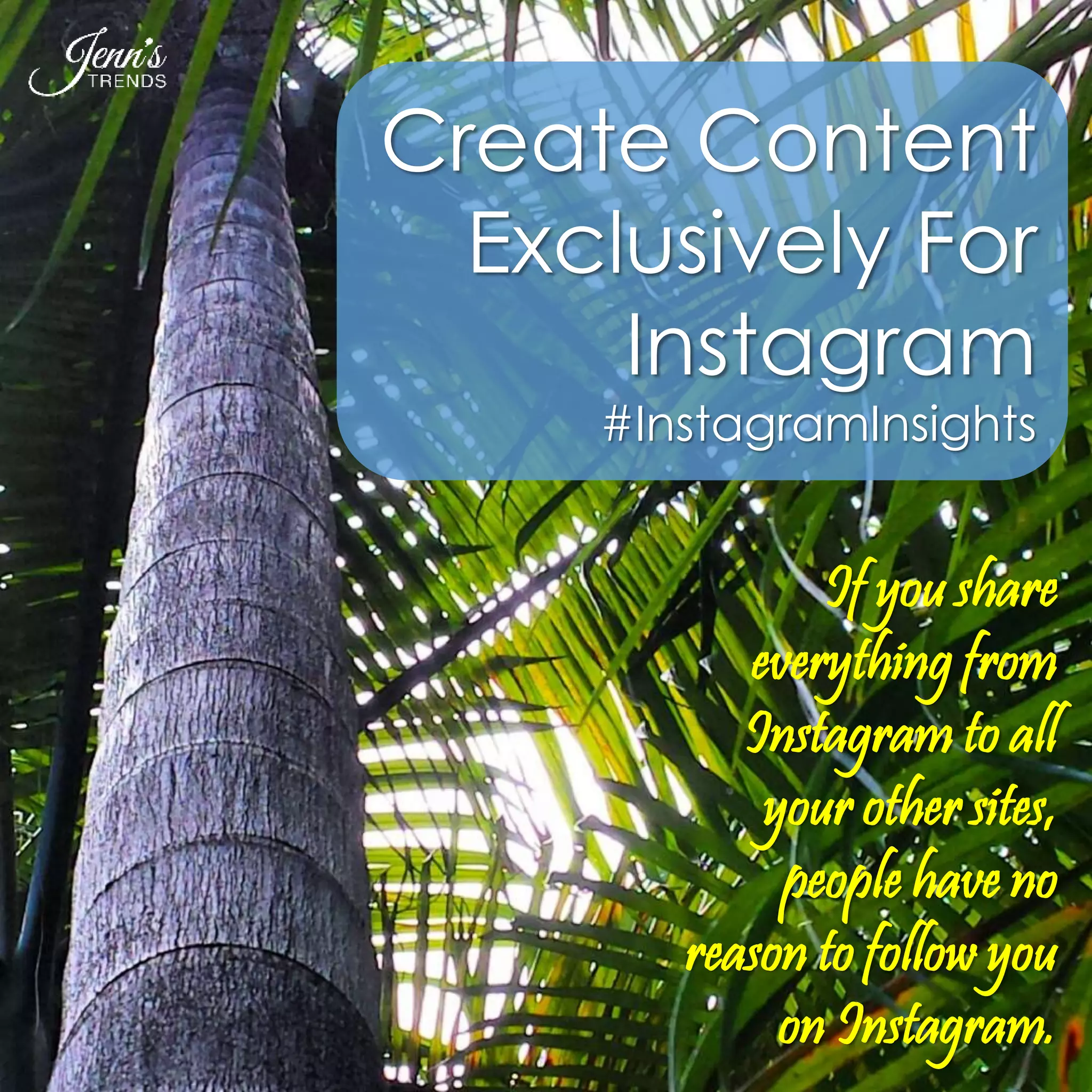 Create Content 
Exclusively For 
Instagram 
#InstagramInsights 
If you share 
everything from 
Instagram to all 
your other sites, 
people have no 
reason to follow you 
on Instagram. 
 