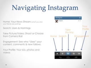 Navigating Instagram
Home
Take
Pic/Vid
Engagement
Your
Profile
Search
Home: Your News Stream (what you and
your friends are posting)
Search: Users & Hashtags
Take Picture/Video: Shoot or Choose
from Camera Roll
Engagement: See who “Likes” your
content, comments & new follows.
Your Profile: Your bio, photos and
videos
 