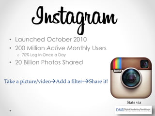 • Launched October 2010
• 200 Million Active Monthly Users
o 70% Log In Once a Day
• 20 Billion Photos Shared
Stats via
Take a picture/videoAdd a filter-Share it!
 