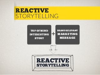 REACTIVE
STORYTELLING
TOP OF MIND
INTERESTING
STORY

BRAND RELEVANT

MARKETING
MESSAGE

REACTIVE
STORYTELLING

 