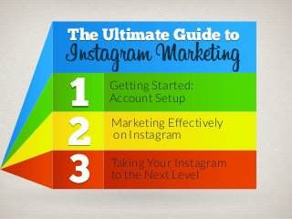 The Ultimate Guide to

Instagram Marketing

1
2
3

Getting Started:
Account Setup

Marketing Effectively
on Instagram
Taking Your Instagram
to the Next Level

 