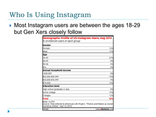 Who Is Using Instagram
   Most Instagram users are between the ages 18-29
    but Gen Xers closely follow
 