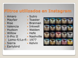 Filtros utilizados en Instagram
 Amaro
 Mayfair
 Rise
 Valencia
 Hudson
 Willow
 X-Pro II
 Lomo-fi/Lo-fi
 Sierra
 Earlybird
 Sutro
 Toaster
 Brannan
 Inkwell
 Walden
 Hefe
 Nashville
 1977
 Kelvin
 