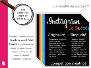 La recette du succès ?
              Elue
           application
            Apple de
         l’année 2011 !


                                                                     Le Succès
Instagram se positionne sur              Originalité                     Simplicité
                                     •   Format carré des photos     •   Simple et intuitif -
 l’angle de vue & l’état                 qui rappellent le               L’outil est bien pensé
                                         polaroïd et donne un            avec les fonctions
d’esprit, à la différence des
                                         aspect « vintage » très à       essentielles à la
  autres réseaux (Pinterest &            la mode à la photo.             photographie.
                                     •   Filtres qui améliorent le   •   Agréable à utiliser il
  FlickR pour ne citer qu’eux) qui       rendu et offrent une            conviendra aussi bien
                                         plus-value « artistique »       au grand public qu’aux
      jouent sur le côté                 à la photo                      amateurs de photos
  « collection » d’albums.

                                           Compétition créatrice
 