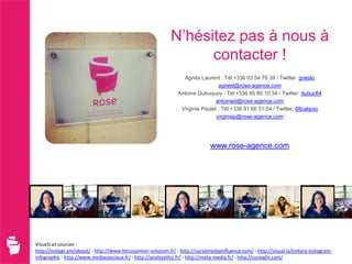 N’hésitez pas à nous à
                                                                   contacter !
                                                                  Agnès Laurent : Tél:+336 03 54 76 39 / Twitter: gneslo
                                                                                 agnesl@rose-agence.com
                                                                Antoine Dubuquoy : Tél:+336 85 80 10 34 / Twitter: dubuc64
                                                                                antoined@rose-agence.com
                                                                 Virginie Paulet : Tél:+336 81 66 31 54 / Twitter: 68calipso
                                                                                virginiep@rose-agence.com




                                                                               www.rose-agence.com




Visuels et sources :
http://instagr.am/about/ - http://www.telcospinner-solucom.fr/ - http://socialmediainfluence.com/ - http://visual.ly/history-instagram-
infographic - http://www.mediassociaux.fr/ - http://analyzethiz.fr/ - http://meta-media.fr/ - http://coreight.com/
 