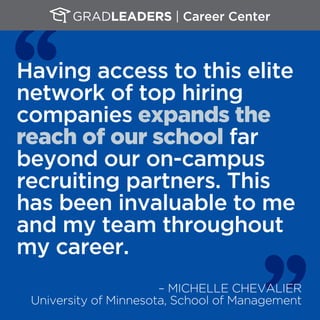Having access to this elite
network of top hiring
companies expands the
reach of our school far
beyond our on-campus
recruiting partners. This
has been invaluable to me
and my team throughout
my career.
– MICHELLE CHEVALIER
University of Minnesota, School of Management
 