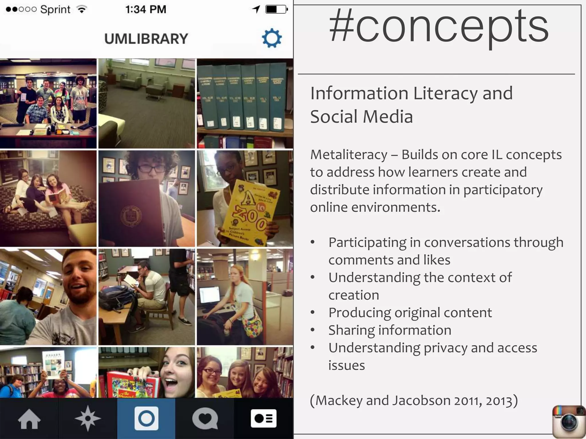 #SLOs
The student will be able to:
1) Identify main library service points,
basic resources, and staff
2) Recognize his/her existing knowledge
about libraries
3) Show peers how to use library
resources
4) Identify connections between social
media hashtags and library
controlled vocabulary
 