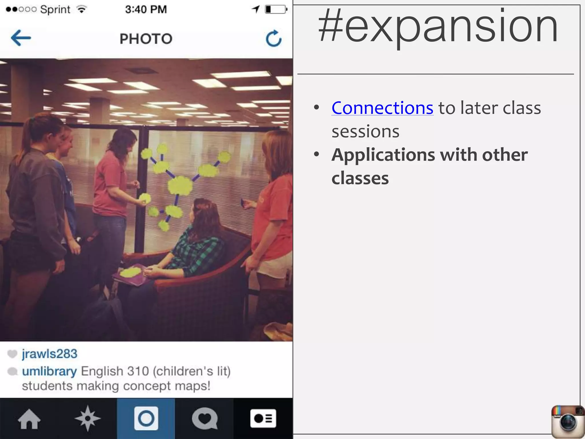 #assessment
• Google Form
• What is one new resource
you learned about today?
• “The chat thingy”
• “The computer search to
find a book”
• “There are so many people
that are willing to help!”
• “Where complete scores of
music are in the library.”
• “How to use Instagram at
school and not get in
trouble.”
 