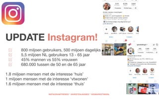  
 
UPDATE Instagram!  
800 miljoen gebruikers, 500 miljoen dagelijks

5,5 miljoen NL gebruikers 13 - 65 jaar

45% mannen vs 55% vrouwen 

680.000 tussen de 50 en de 65 jaar  
1.8 miljoen mensen met de interesse ‘huis’

1 miljoen mensen met de interesse ‘vtwonen'

1.6 miljoen mensen met de interesse ‘thuis’ 
INSTAGRAMTRENDS * @KIRSTENJASSIES * @IGMARKETINGNL
 