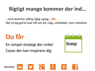 #fyn0810
Rigtigt mange kommer der ind…
…men kommer aldrig rigtig i gang… ØV…
Det vil jeg gerne lave lidt om på i dag…ambitiøst, men realistisk.
Du får
En simpel strategi der virker
Cases der kan inspirere dig
 