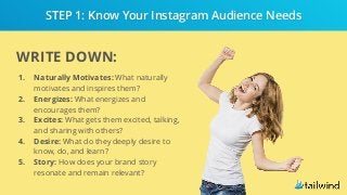 WRITE DOWN:
1. Naturally Motivates: What naturally
motivates and inspires them?
2. Energizes: What energizes and
encourages them?
3. Excites: What gets them excited, talking,
and sharing with others?
4. Desire: What do they deeply desire to
know, do, and learn?
5. Story: How does your brand story
resonate and remain relevant?
STEP 1: Know Your Instagram Audience Needs
 