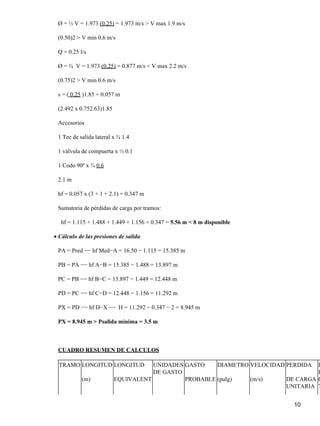 Ø = ½ V = 1.973 (0.25) = 1.973 m/s > V max 1.9 m/s
(0.50)2 > V min 0.6 m/s
Q = 0.25 l/s
Ø = ¾ V = 1.973 (0.25) = 0.877 m/s < V max 2.2 m/s
(0.75)2 > V min 0.6 m/s
s = ( 0.25 )1.85 = 0.057 m
(2.492 x 0.752.63)1.85
Accesorios
1 Tee de salida lateral x ¾ 1.4
1 válvula de compuerta x ½ 0.1
1 Codo 90º x ¾ 0.6
2.1 m
hf = 0.057 x (3 + 1 + 2.1) = 0.347 m
Sumatoria de pérdidas de carga por tramos:
hf = 1.115 + 1.488 + 1.449 + 1.156 + 0.347 = 5.56 m < 8 m disponible
Cálculo de las presiones de salida•
PA = Pred −− hf Med−A = 16.50 − 1.115 = 15.385 m
PB = PA −− hf A−B = 15.385 − 1.488 = 13.897 m
PC = PB −− hf B−C = 13.897 − 1.449 = 12.448 m
PD = PC −− hf C−D = 12.448 − 1.156 = 11.292 m
PX = PD −− hf D−X −− H = 11.292 − 0.347 − 2 = 8.945 m
PX = 8.945 m > Psalida mínima = 3.5 m
CUADRO RESUMEN DE CALCULOS
TRAMO LONGITUD
(m)
LONGITUD
EQUIVALENT
UNIDADES
DE GASTO
GASTO
PROBABLE
DIAMETRO
(pulg)
VELOCIDAD
(m/s)
PERDIDA
DE CARGA
UNITARIA
P
D
C
T
10
 