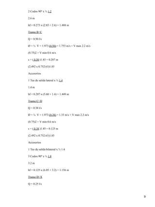 2 Codos 90º x ¾ 1.2
2.6 m
hf = 0.273 x (2.85 + 2.6) = 1.488 m
Tramo B−C
Q = 0.50 l/s
Ø = ¾ V = 1.973 (0.50) = 1.753 m/s < V max 2.2 m/s
(0.75)2 > V min 0.6 m/s
s = ( 0.50 )1.85 = 0.207 m
(2.492 x 0.752.63)1.85
Accesorios
1 Tee de salida lateral x ¾ 1.4
1.4 m
hf = 0.207 x (5.60 + 1.4) = 1.449 m
Tramo C−D
Q = 0.38 l/s
Ø = ¾ V = 1.973 (0.38) = 1.33 m/s < V max 2.2 m/s
(0.75)2 > V min 0.6 m/s
s = ( 0.38 )1.85 = 0.125 m
(2.492 x 0.752.63)1.85
Accesorios
1 Tee de salida bilateral x ¾ 1.4
3 Codos 90º x ¾ 1.8
3.2 m
hf = 0.125 x (6.05 + 3.2) = 1.156 m
Tramo D−X
Q = 0.25 l/s
9
 