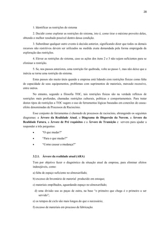 28
1. Identificar as restrições do sistema
2. Decidir como explorar as restrições do sistema, isto é, como tirar o máximo proveito delas,
obtendo o melhor resultado possível dentro dessa condição.
3. Subordinar qualquer outro evento à decisão anterior, significando dizer que todos os demais
recursos não restritivos devem ser utilizados na medida exata demandada pela forma empregada da
exploração das restrições.
4. Elevar as restrições do sistema, caso as ações dos itens 2 e 3 não sejam suficientes para se
eliminar a restrição.
5. Se, nos passos anteriores, uma restrição for quebrada, volte ao passo 1, mas não deixe que a
inércia se torne uma restrição do sistema.
Estes passos são muito úteis quando a empresa está lidando com restrições físicas como falta
de capacidade de seus equipamentos, problemas com suprimentos de materiais, mercado recessivo,
entre outros.
No entanto, segundo a filosofia TOC, tais restrições físicas são na verdade reflexos de
restrições mais profundas, chamadas restrições culturais, políticas e comportamentais. Para tratar
destes tipos de restrições a TOC sugere o uso de ferramentas lógicas baseadas em conexões de causa-
efeito denominadas de Processos de Raciocínio.
Esse conjunto de ferramentas é chamado de processos de raciocínio, abrangendo os seguintes
diagramas: a Árvore da Realidade Atual, o Diagrama de Dispersão da Nuvem, a Árvore da
Realidade Futura, a Árvore de Pré requisitos e a Árvore de Transição e servem para ajudar a
responder a três perguntas:
 "O que mudar?"
 “Para o que mudar?”
 “Como causar a mudança?”
3.2.1. Árvore da realidade atual (ARA)
Tem por objetivo fazer o diagnóstico da situação atual da empresa, para eliminar efeitos
indesejáveis, como:
a) falta de espaço suficiente no almoxarifado;
b) excesso de Inventário de material produzido em estoque;
c) materiais empilhados, aguardando espaço no almoxarifado;
d) uma divisão usa as peças de outra, na base “o primeiro que chega é o primeiro a ser
servido”;
e) os tempos de ciclo são mais longos do que o necessário;
f) excesso de materiais em processo de fabricação.
 