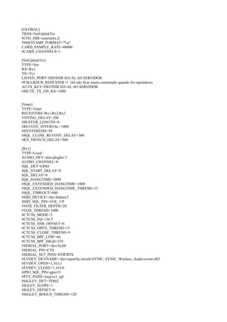 [GLOBAL]
TRXS=NetUplinkTrx
#CFG_DIR=remotetrx.d
TIMESTAMP_FORMAT="%c"
CARD_SAMPLE_RATE=48000
#CARD_CHANNELS=1
[NetUplinkTrx]
TYPE=Net
RX=Rx1
TX=Tx1
LISTEN_PORT=DEFINIR IGUAL AO SERVIDOR
#FALLBACK_REPEATER=1 (Só não ficar assim comentado quando for repetidora).
AUTH_KEY=DEFINIR IGUAL AO SERVIDOR
#MUTE_TX_ON_RX=1000
[Voter]
TYPE=Voter
RECEIVERS=Rx1,Rx2,Rx3
VOTING_DELAY=200
#BUFFER_LENGTH=0
#REVOTE_INTERVAL=1000
#HYSTERESIS=50
#SQL_CLOSE_REVOTE_DELAY=500
#RX_SWITCH_DELAY=500
[Rx1]
TYPE=Local
AUDIO_DEV=alsa:plughw:2
AUDIO_CHANNEL=0
SQL_DET=GPIO
SQL_START_DELAY=0
SQL_DELAY=0
SQL_HANGTIME=2000
#SQL_EXTENDED_HANGTIME=1000
#SQL_EXTENDED_HANGTIME_THRESH=15
#SQL_TIMEOUT=600
#HID_DEVICE=/dev/hidraw3
#HID_SQL_PIN=VOL_UP
#VOX_FILTER_DEPTH=20
#VOX_THRESH=1000
#CTCSS_MODE=2
#CTCSS_FQ=136.5
#CTCSS_SNR_OFFSET=0
#CTCSS_OPEN_THRESH=15
#CTCSS_CLOSE_THRESH=9
#CTCSS_BPF_LOW=60
#CTCSS_BPF_HIGH=270
#SERIAL_PORT=/dev/ttyS0
#SERIAL_PIN=CTS
#SERIAL_SET_PINS=DTR!RTS
#EVDEV_DEVNAME=/dev/input/by-id/usb-SYNIC_SYNIC_Wireless_Audio-event-if03
#EVDEV_OPEN=1,163,1
#EVDEV_CLOSE=1,163,0
GPIO_SQL_PIN=gpio19
#PTY_PATH=/tmp/rx1_sql
#SIGLEV_DET=TONE
SIGLEV_SLOPE=1
SIGLEV_OFFSET=0
#SIGLEV_BOGUS_THRESH=120
 