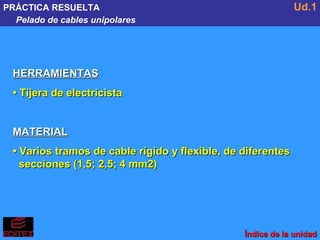 PRÁCTICA RESUELTA Pelado de cables unipolares Ud.1 HERRAMIENTAS •  Tijera de electricista MATERIAL •  Varios tramos de cable rígido y flexible, de diferentes secciones (1,5; 2,5; 4 mm2) Índice de la unidad 