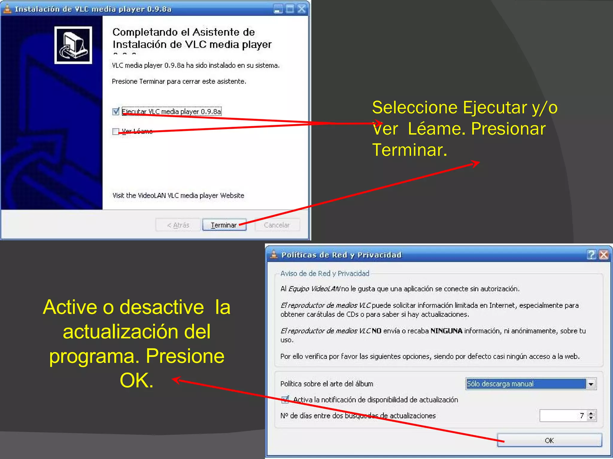 Seleccione Ejecutar y/o Ver Léame. Presionar Terminar. Active o desactive la actualización del programa. Presione OK.