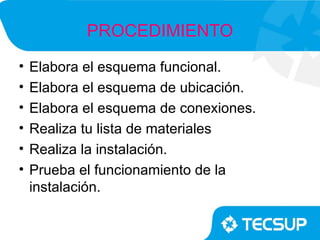 PROCEDIMIENTO
•   Elabora el esquema funcional.
•   Elabora el esquema de ubicación.
•   Elabora el esquema de conexiones.
•   Realiza tu lista de materiales
•   Realiza la instalación.
•   Prueba el funcionamiento de la
    instalación.
 