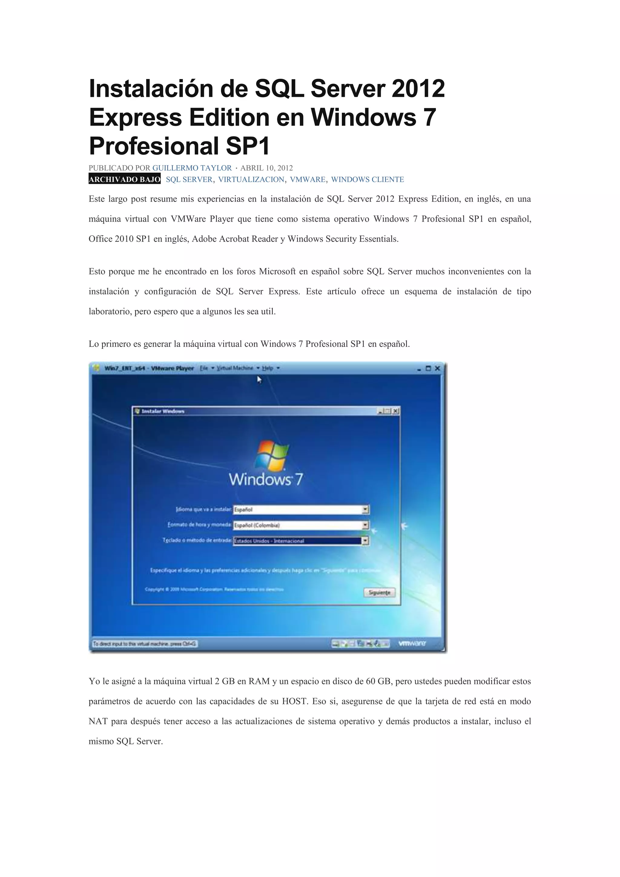 Instalación de sql server 2012 express edition en windows 7 profesional ...
