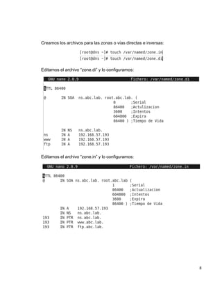 8
Creamos los archivos para las zonas o vías directas e inversas:
Editamos el archivo “zone.di” y lo configuramos:
Editamos el archivo “zone.in” y lo configuramos:
 