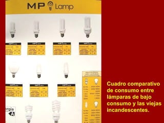 Cuadro comparativo de consumo entre lámparas de bajo consumo y las viejas incandescentes. 