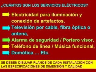 ¿CUÁNTOS SON LOS SERVICIOS ELÉCTRICOS? Electricidad para iluminación y conexión de artefactos, Televisión por cable, fibra óptica o antena, Alarma de seguridad / Portero visor, Teléfono de línea / Música funcional, Domótica … Etc. SE DEBEN DIBUJAR PLANOS DE CADA INSTALACIÓN CON LAS ESPECIFICACIONES DE DIMENSIÓN Y CALIDAD 