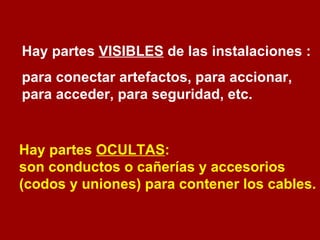 Hay partes  VISIBLES  de las instalaciones :  para conectar artefactos, para accionar, para acceder, para seguridad, etc. Hay partes  OCULTAS : son conductos o cañerías y accesorios (codos y uniones) para contener los cables. 