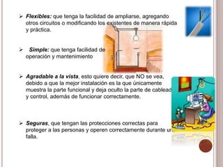  Flexibles: que tenga la facilidad de ampliarse, agregando
otros circuitos o modificando los existentes de manera rápida
y práctica.
 Simple: que tenga facilidad de
operación y mantenimiento
 Agradable a la vista, esto quiere decir, que NO se vea,
debido a que la mejor instalación es la que únicamente
muestra la parte funcional y deja oculto la parte de cableado
y control, además de funcionar correctamente.
 Seguras, que tengan las protecciones correctas para
proteger a las personas y operen correctamente durante una
falla.
 